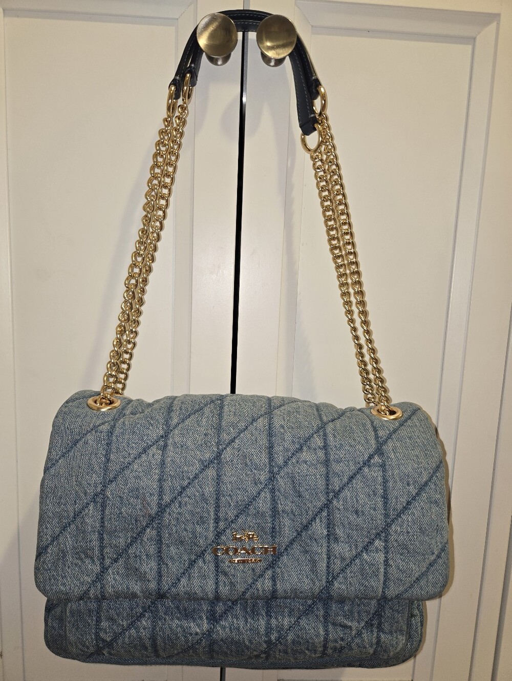 Coach Elodie Quilted Denim Shoulder Crossbody Bag Gold Chain